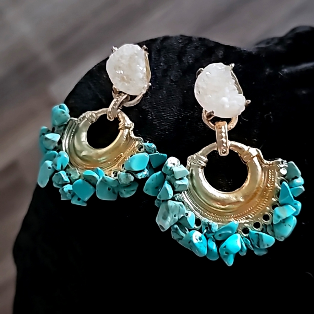 LADIES turquoise and raw Quarts  on a gold matt finish Earrings peirced